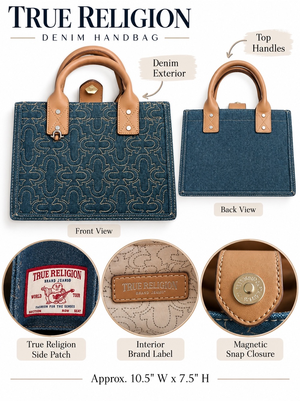 True Religion Dark Blue Denim Satchel Tan Handles Horseshoe Stitch Mini Handbag